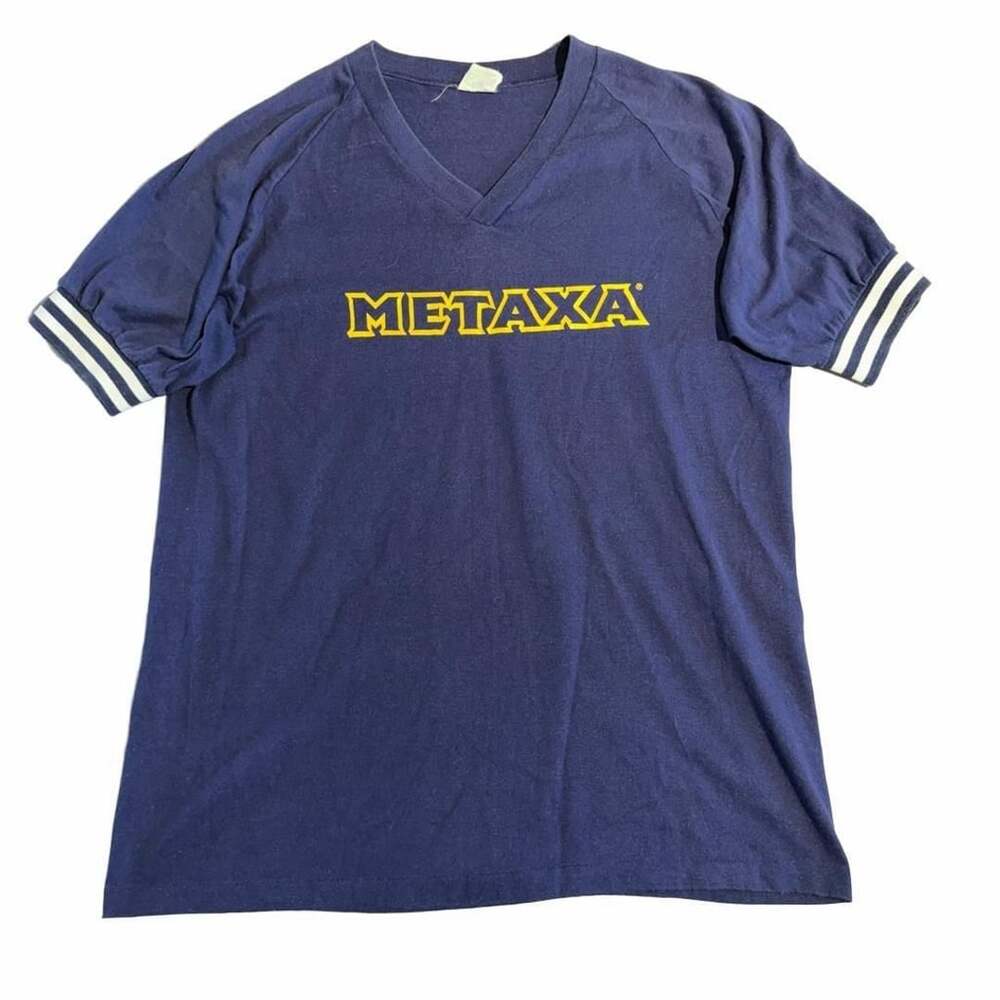 80s Cal Cru Metaxa V-Neck T-Shirt Size Large Blue Striped Ringer Vintage
